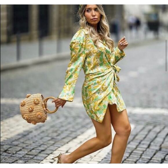 Zara Yellow Green Floral Paisley Print Silky Wrap Shirt Dress size XS - Picture 4 of 11